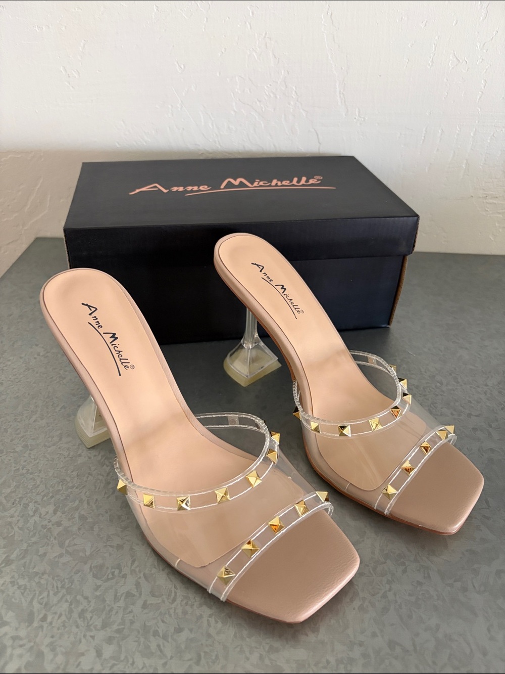 Anne Michelle Pleasure-08 Clear Studded Heels Nude Gold Size 7.5